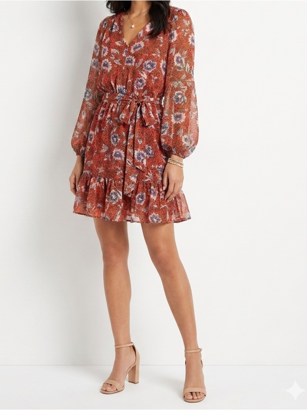 Sam Edelman Orange Floral Long Sleeve Mini Dress